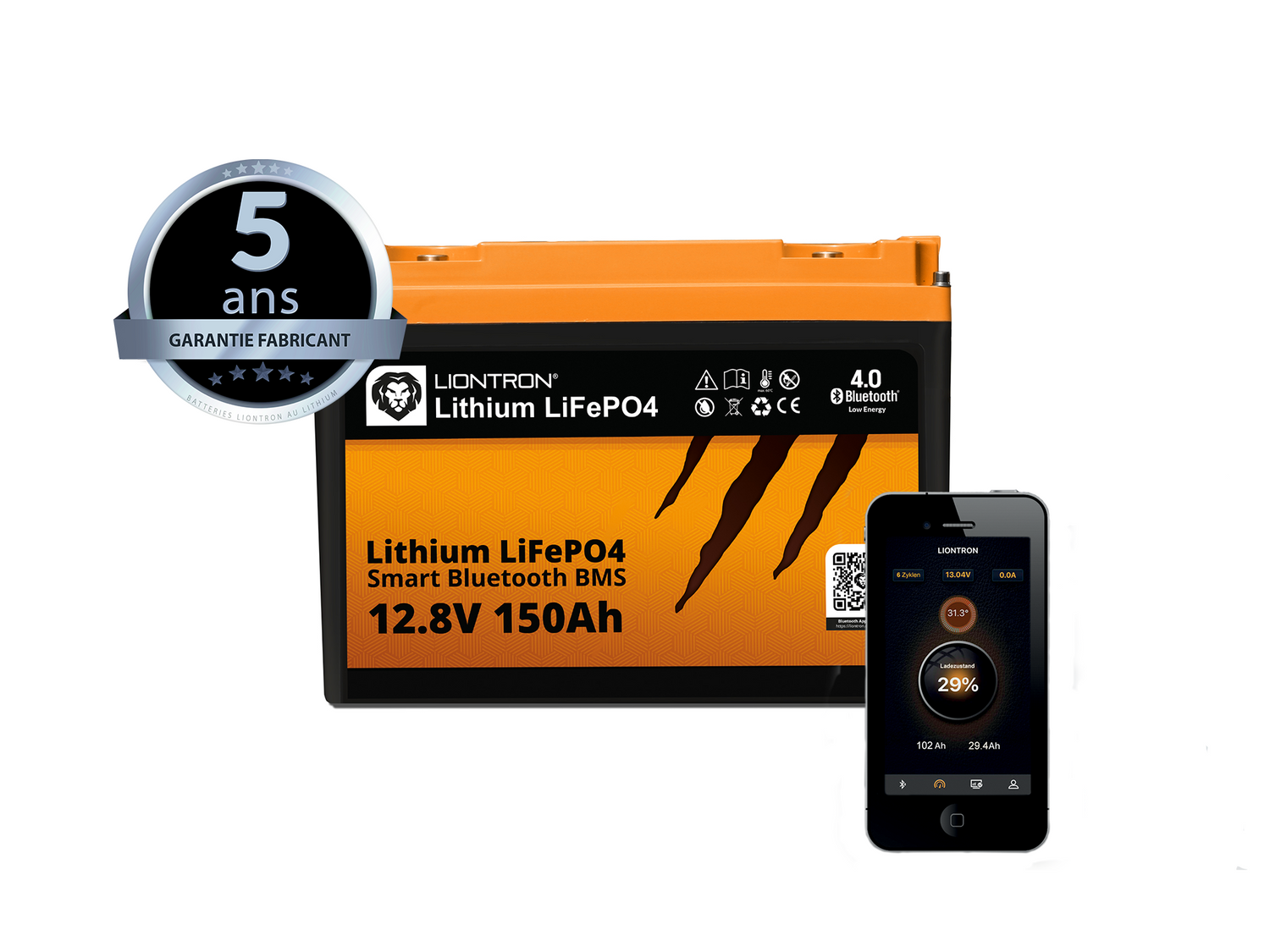 "Batterie Lithium 150Ah LiFePo4 avec système de gestion intégré et connectivité Bluetooth pour performance optimale"
