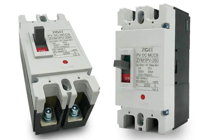Disjoncteur Boîtier Moulé DC MCCB 500V – 63A à 250A 2P pour Batteries Solaires, Bornes de Recharge et Photovoltaïque
