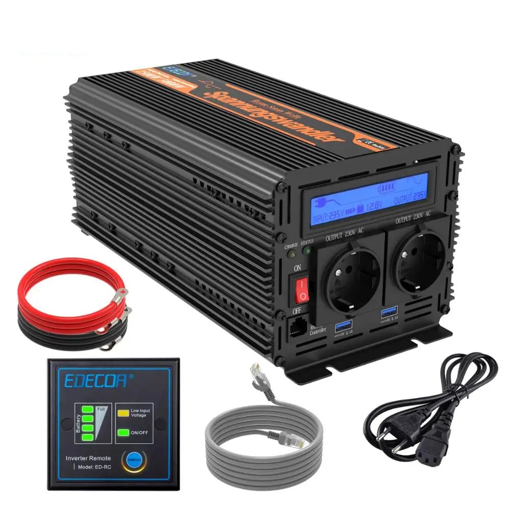 Onduleur UPS Pure Sinus EDECOA 2500 W – 12 V DC → 220–240 V AC, Double Sortie