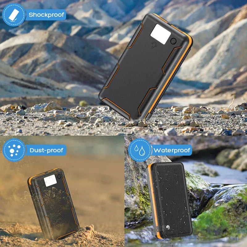 Banque d’Alimentation Solaire 20 000 mAh – USB‑C QC/PD, 4 Panneaux Solaires, LED Torch/Flashlight – Noire/Orange