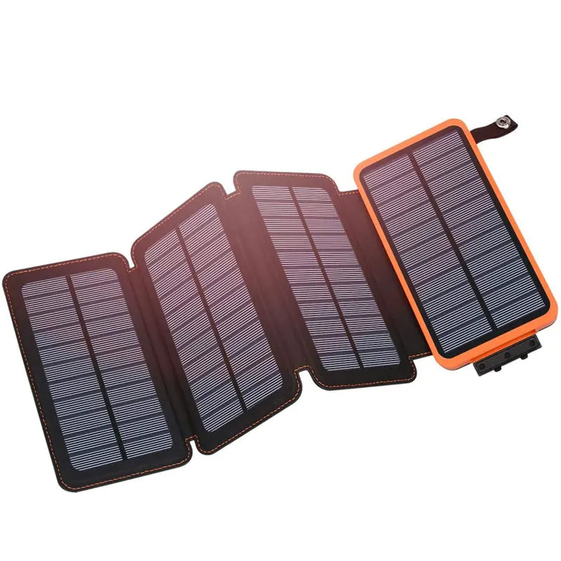 Banque d’Alimentation Solaire 20 000 mAh – USB‑C QC/PD, 4 Panneaux Solaires, LED Torch/Flashlight – Noire/Orange