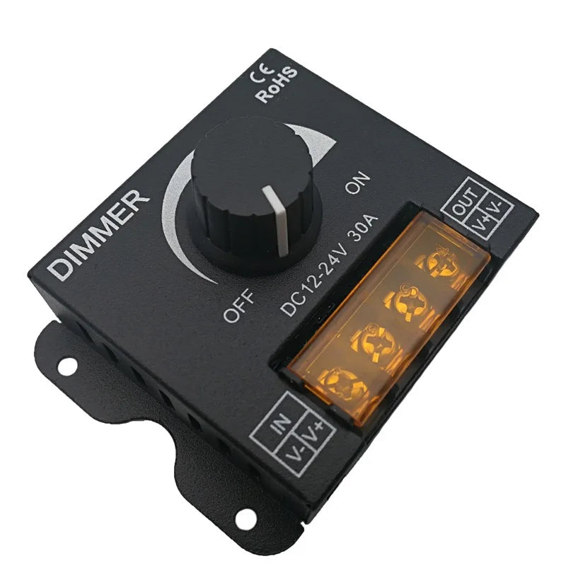 12V–24V 30A LED Dimmer – Knob Brightness Controller for 5050 LED Strip, 360W Max