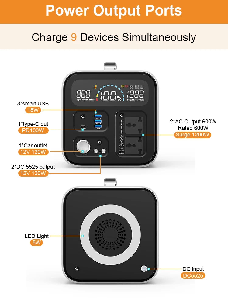 Générateur de Secours Portable 2400W Continu 3600W Pic - Station Électrique LiFePO₄ pour Voyage et Urgence