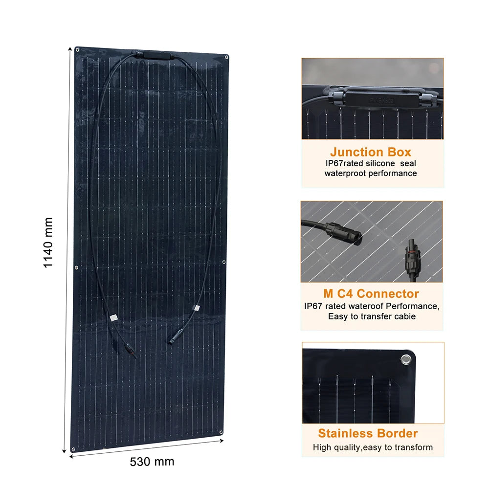"Panneau Solaire Semi-Flexible 150W, 21.6V, Photovoltaïque, pour Maison, Bateau, Camping-Car, Balcon, Chargeur de Batterie 12v/24V, ETFE et PET"