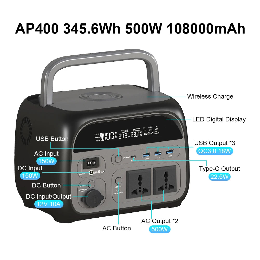 Station Portable Générateur d'Énergie 345Wh 108000mAh - Onduleur 500W (600W Pic) - Idéal pour Camping, UPS & Secours - Haute Capacité et Puissance