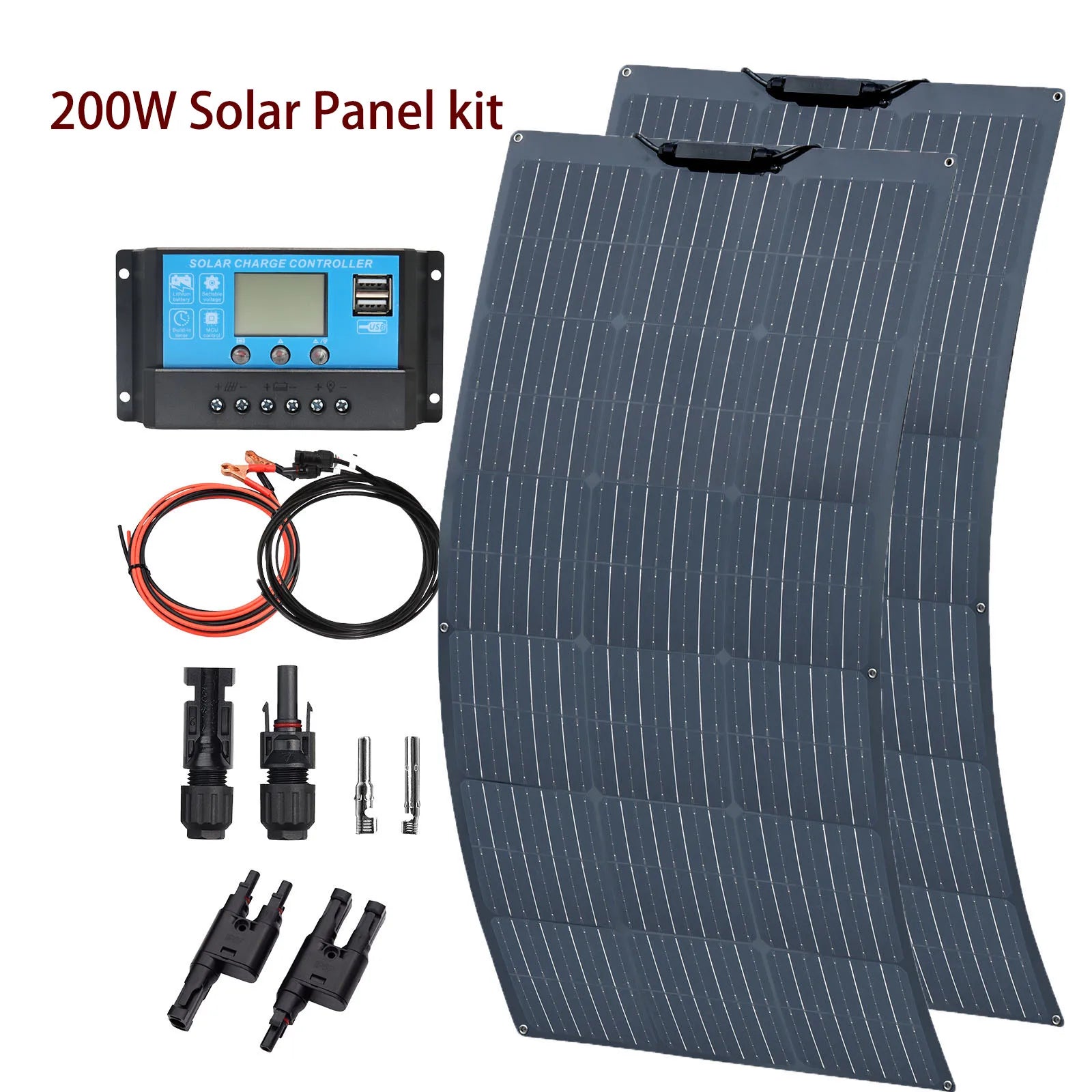 "Kit Panneaux Solaires 12V 100W 200W Flexibles avec Contrôleur Complet, Chargeur pour Batterie 12V 24V 19.8V, Idéal pour Voiture, Bateau, Maison et Montres"