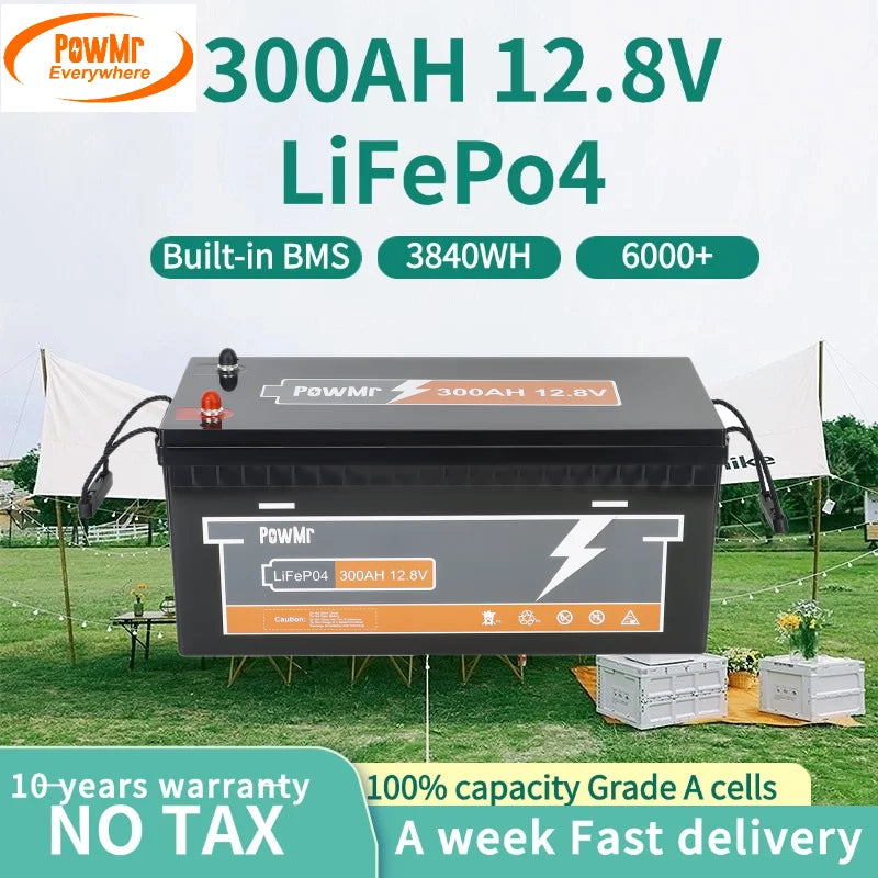 "Batterie au Lithium LiFePO4 12.8V 300Ah pour Stockage d'Energie Solaire Domestique, Capacité 3840WH, Longue Durée, Cellules Qualité A, avec BMS"