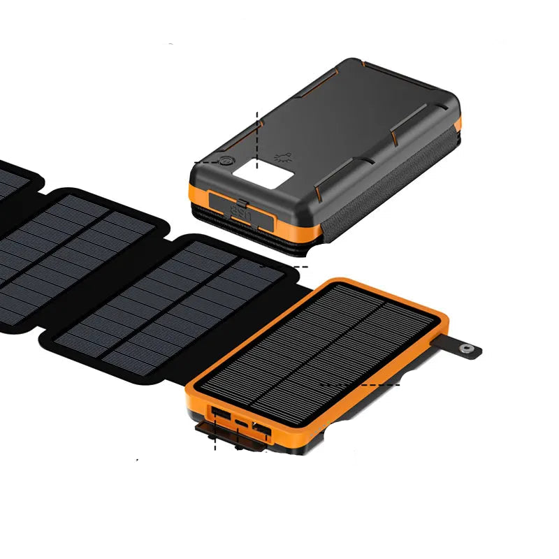 Banque d’Alimentation Solaire 20 000 mAh – USB‑C QC/PD, 4 Panneaux Solaires, LED Torch/Flashlight – Noire/Orange