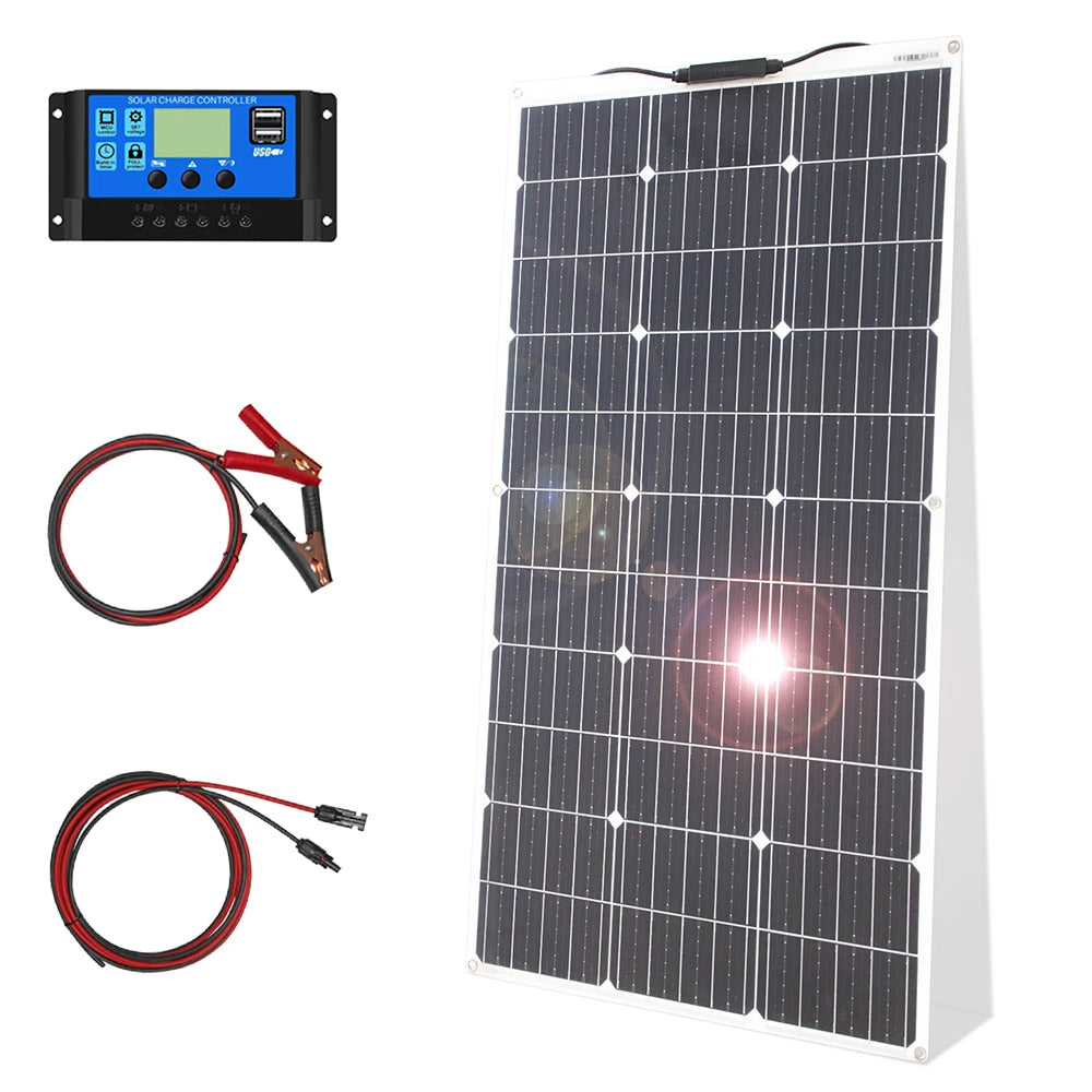 Kit Panneau Solaire Flexible 12V  – 100W / 200W – Monocristallin Étanche avec Contrôleur – Spécial Camping-Car, Van & Outdoo