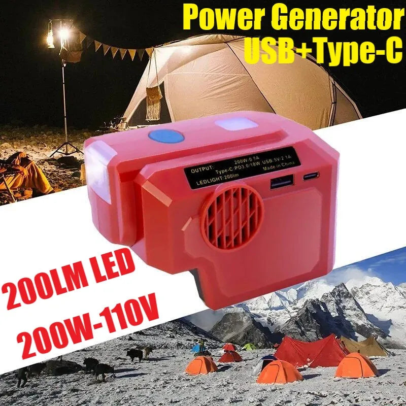 "Onduleur Portable 200W 18V, Générateur de Batterie Lithium avec Prise Sortie 110V-220V, USB Type-C, Adaptateur Accessoire, Lumière 200LM - Idéal pour Camping, Randonnée et Urgences"