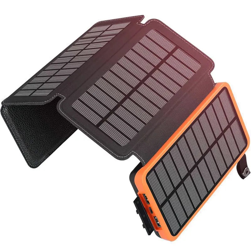 Banque d’Alimentation Solaire 20 000 mAh – USB‑C QC/PD, 4 Panneaux Solaires, LED Torch/Flashlight – Noire/Orange