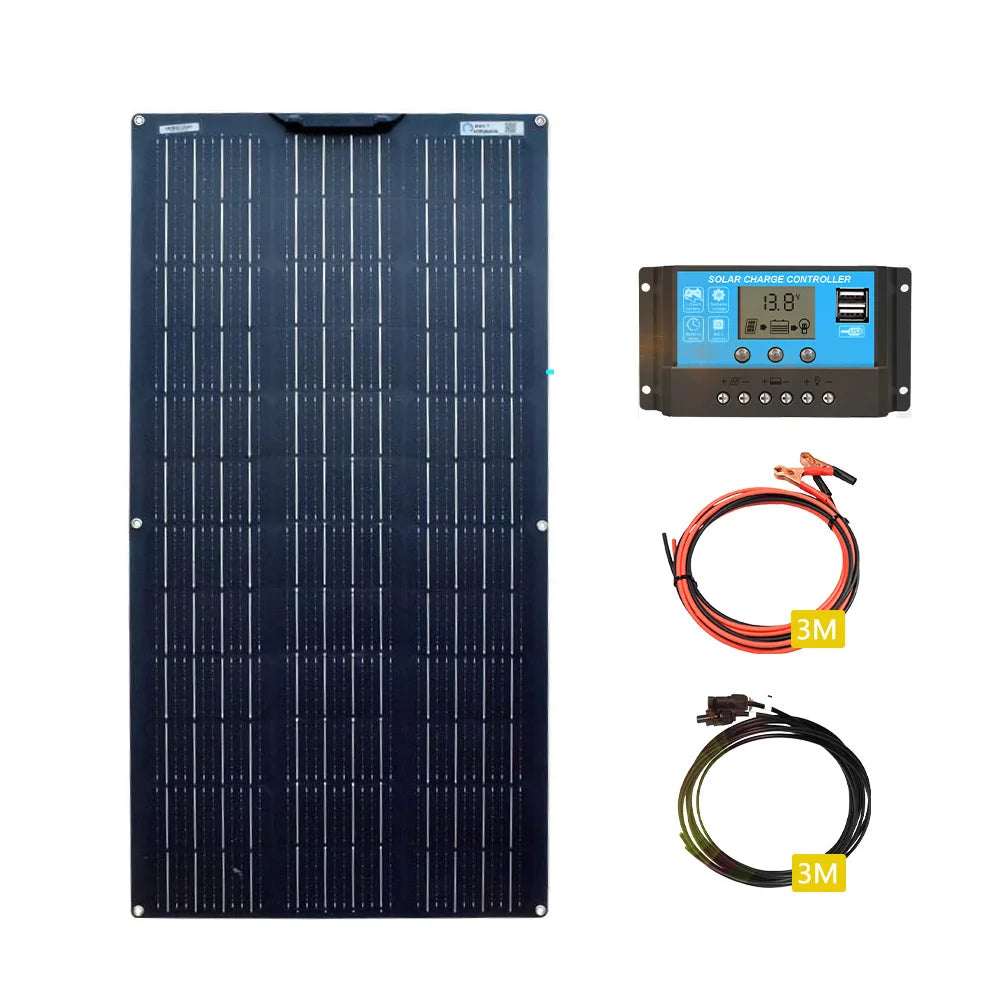 "Kit Panneaux Solaires 12V 100W 200W Flexibles avec Contrôleur Complet, Chargeur pour Batterie 12V 24V 19.8V, Idéal pour Voiture, Bateau, Maison et Montres"