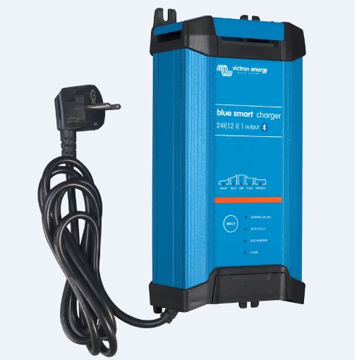 "Chargeur Intelligent Bleu IP22, 24V /16A avec 3 Sorties, Idéal pour Véhicules et Appareils Domestiques"