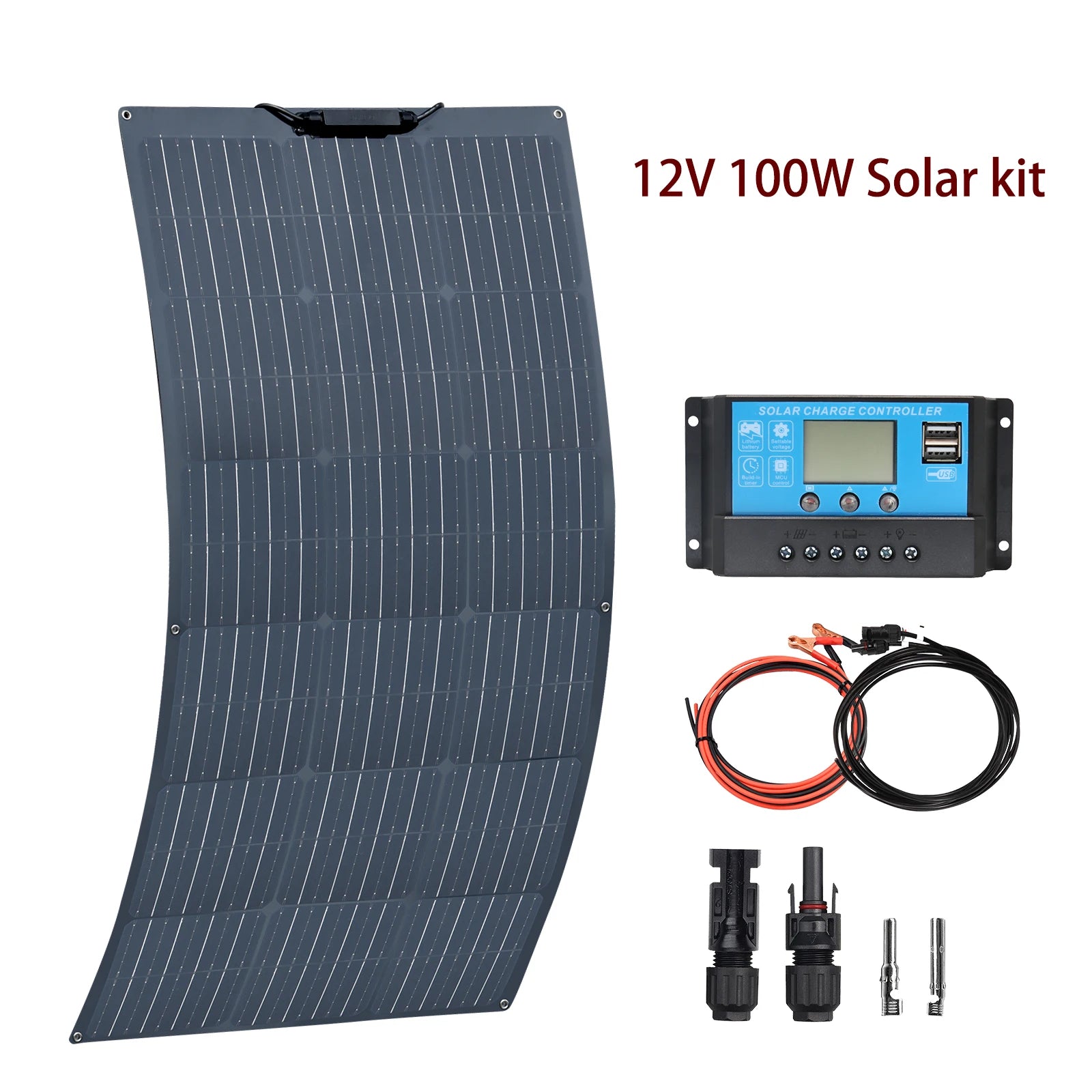 "Kit Panneaux Solaires 12V 100W 200W Flexibles avec Contrôleur Complet, Chargeur pour Batterie 12V 24V 19.8V, Idéal pour Voiture, Bateau, Maison et Montres"