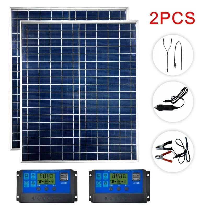 Kit Batterie Externe pour Panneau Solaire Photovoltaïque 12V 500W 1000W, Contrôleur 100A, Plaque Solaire pour Maison, Camping, RV, Voiture - Chargeur Rapide