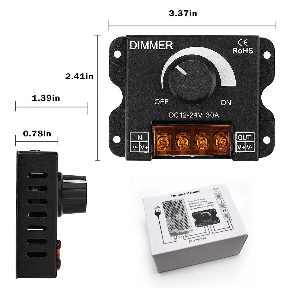 Variateur LED 12V–24V 30A – Contrôleur de Luminosité à Molette pour Ruban LED 5050, 360W Max