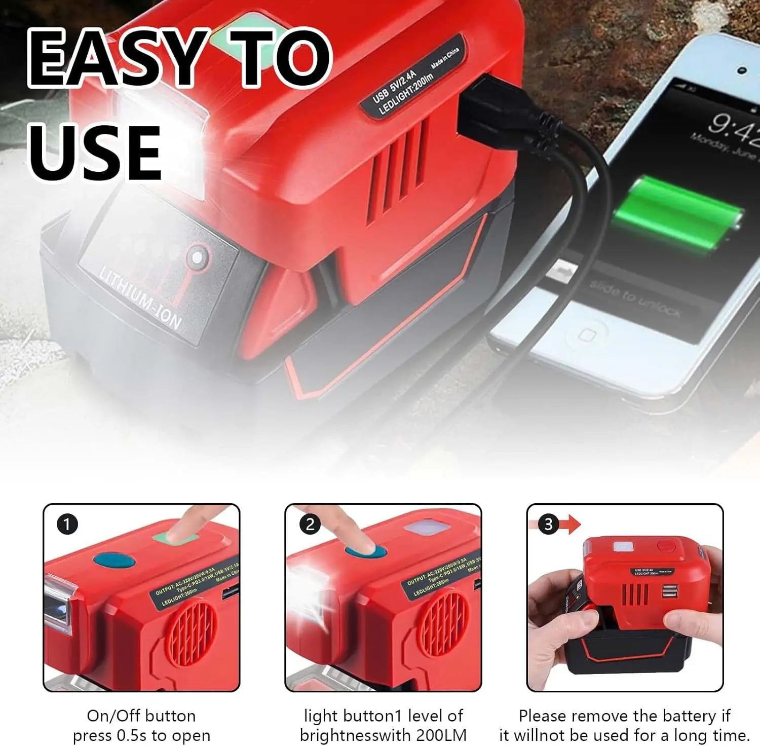 "Onduleur Portable 200W 18V, Générateur de Batterie Lithium avec Prise Sortie 110V-220V, USB Type-C, Adaptateur Accessoire, Lumière 200LM - Idéal pour Camping, Randonnée et Urgences"