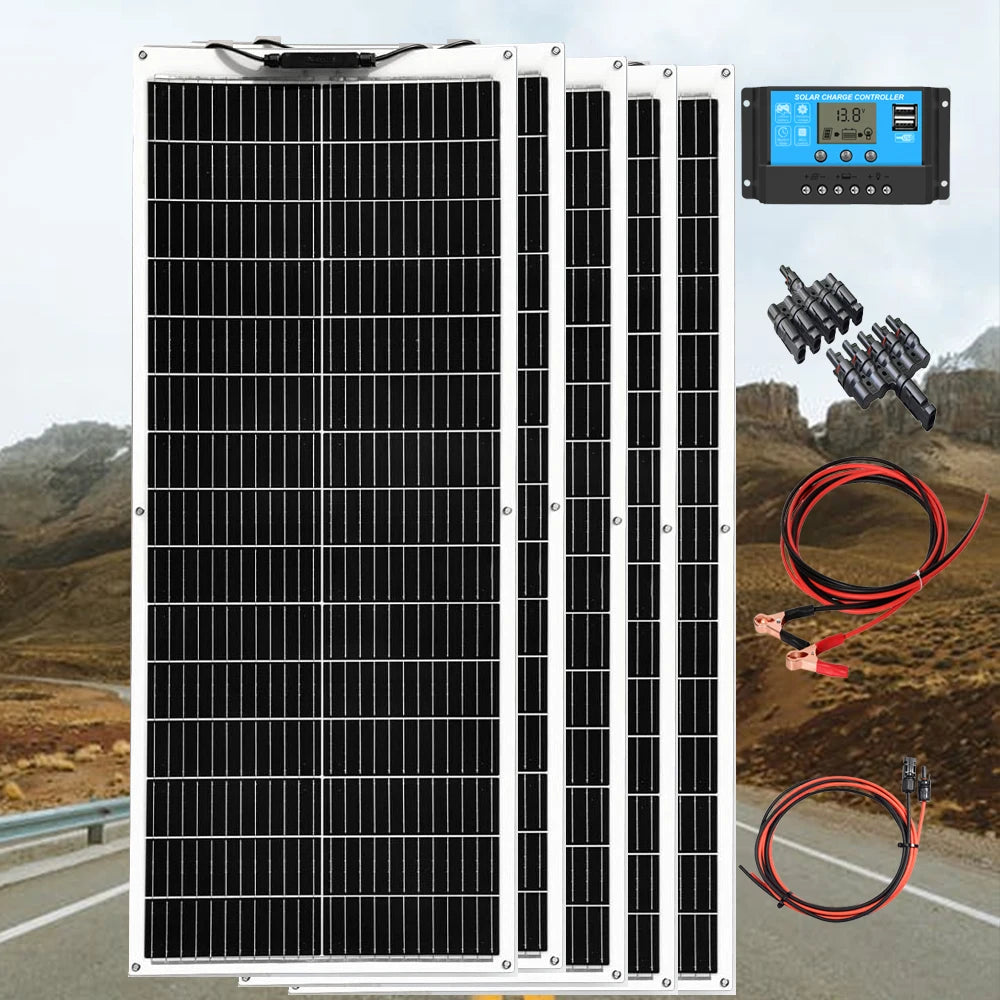 Kit Panneau Solaire Flexible 100W à 500W – Photovoltaïque Portable pour Bateau, Camping-car, Cabine 12V
