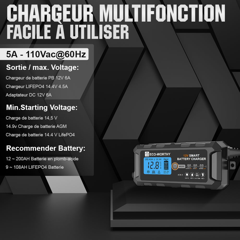 Chargeur de Batterie Intelligent - 5A & 10A - 12V - Pour Lithium LiFePO4
