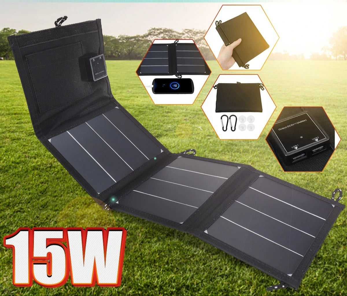 Panneau Solaire Pliable 15W USB – Sac de Charge Portable pour Téléphones & Appareils Extérieurs